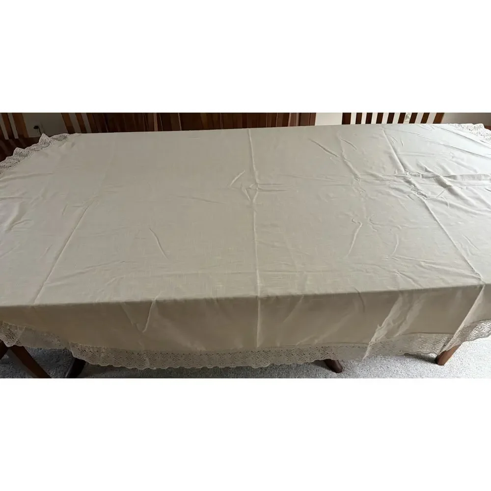 Tablecloth Ivory Lace Trim Poly Cotton Blend Oval 86x66 Vintage USA